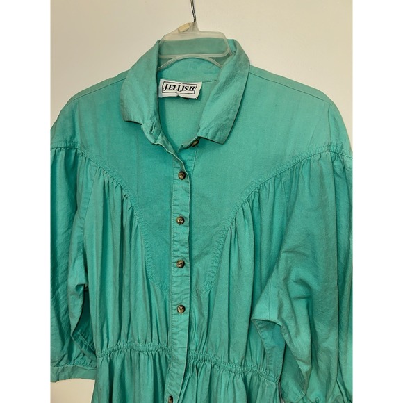 VINTAGE J. Ellis II Dress 80s 90s Shirt Dress Teal Button Down See Measurements - Picture 8 of 11